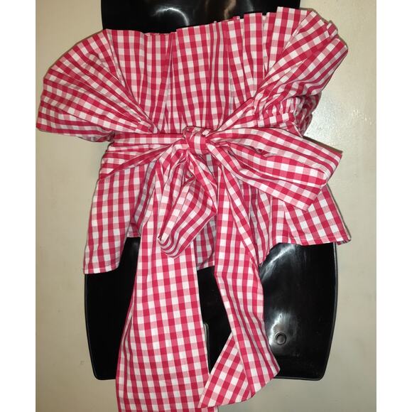 7th Ave New York & Co GINGHAM RED WHITE Halter Style Top FUNKY Checkered Sz L - Picture 10 of 15